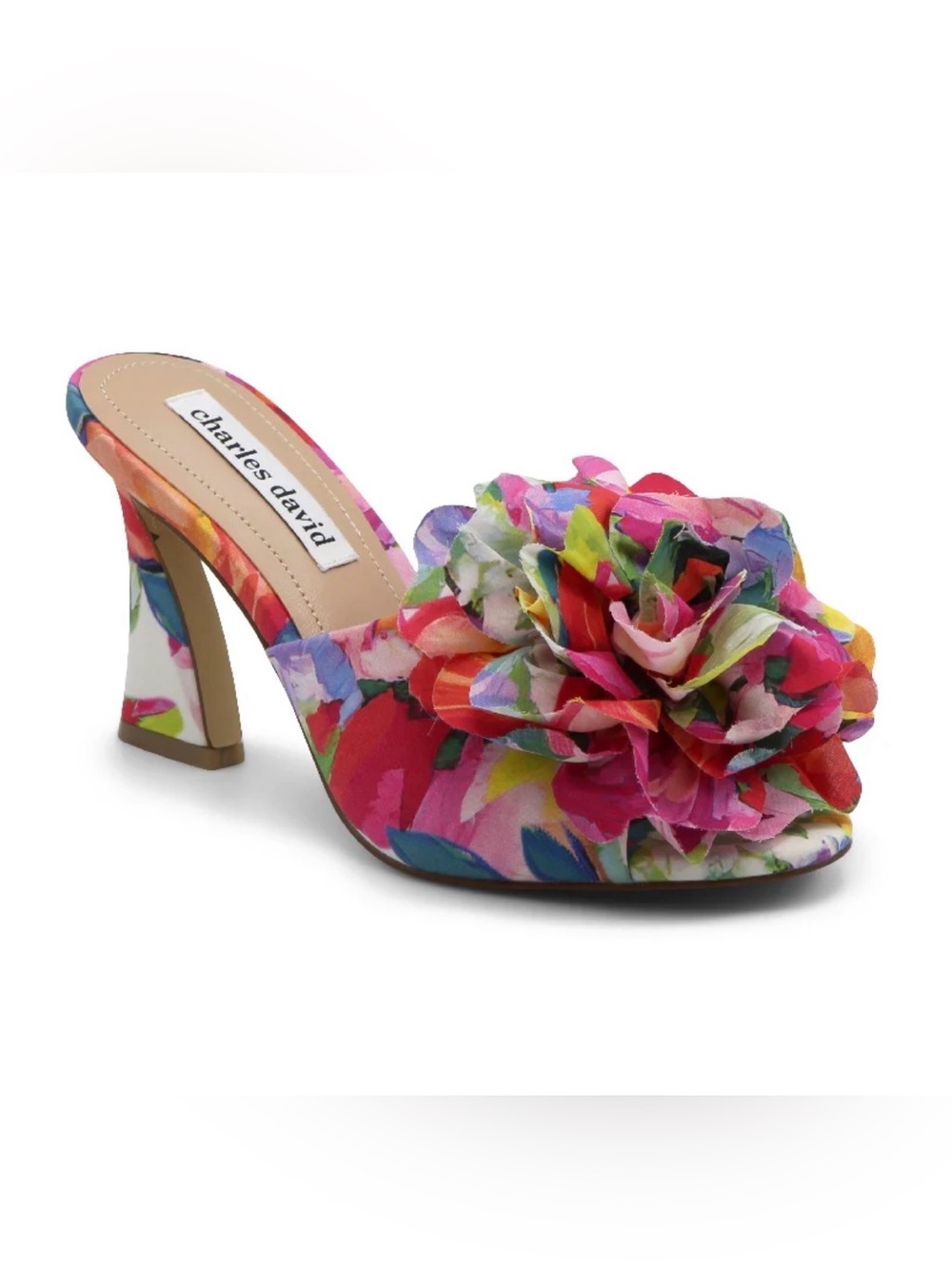 Charles David Colorful Pink Floral Fabric Block Heel Slip On Kam Dress Sandals 6